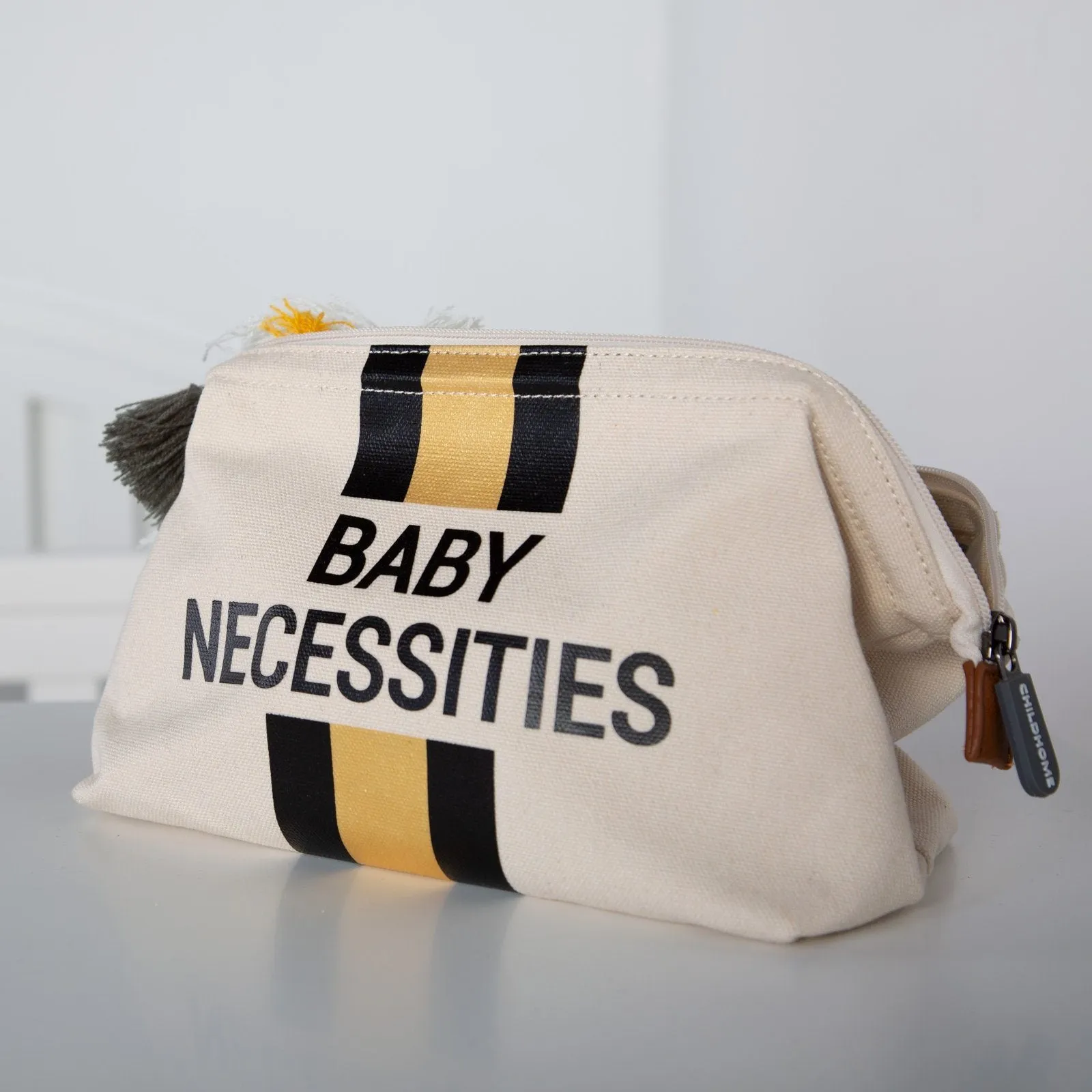 Baby Necessities Canvas Off-White Stripes & Black/Gold Bag