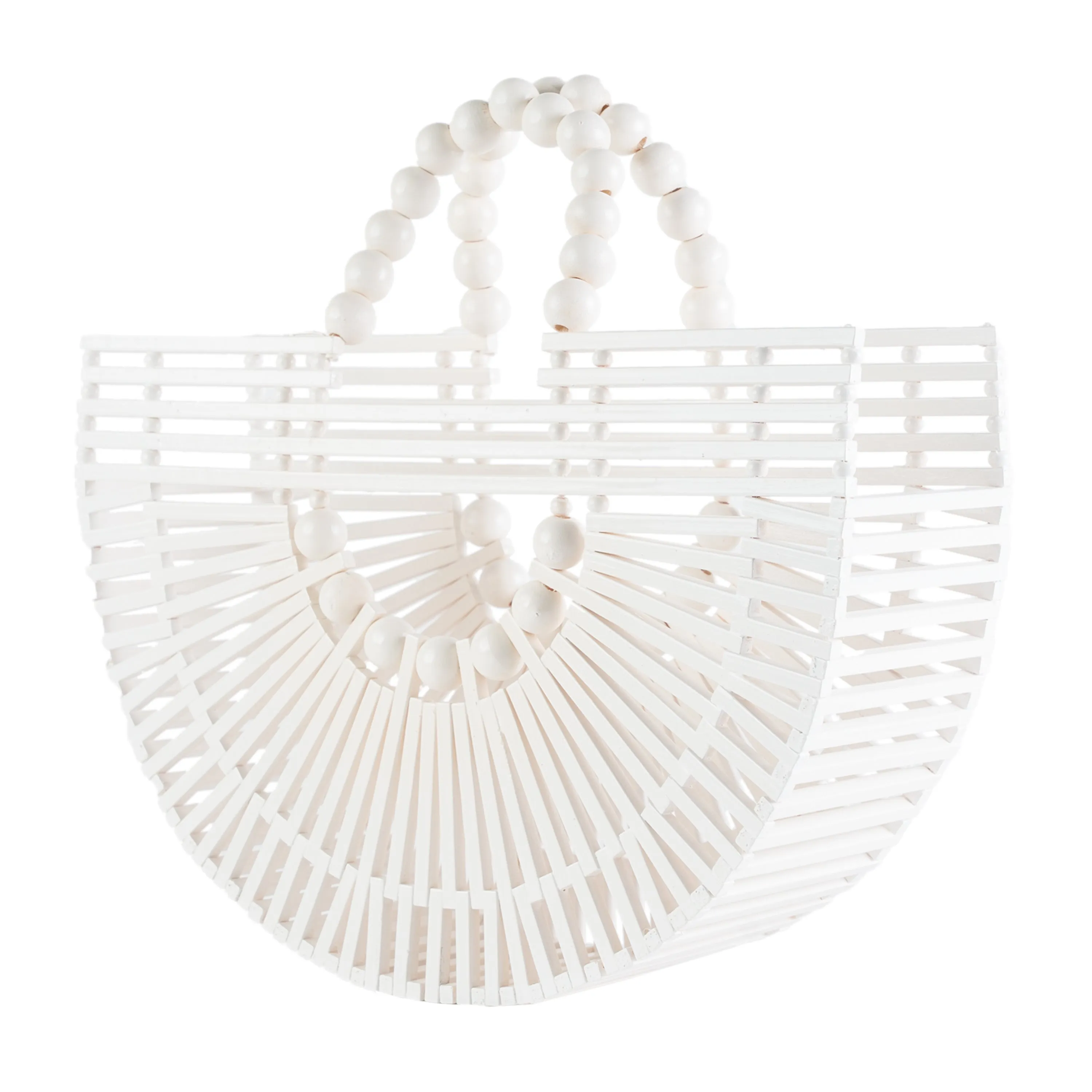 Bamboo Tote with bead handle - Handcrafted Basket Bag for Women. White