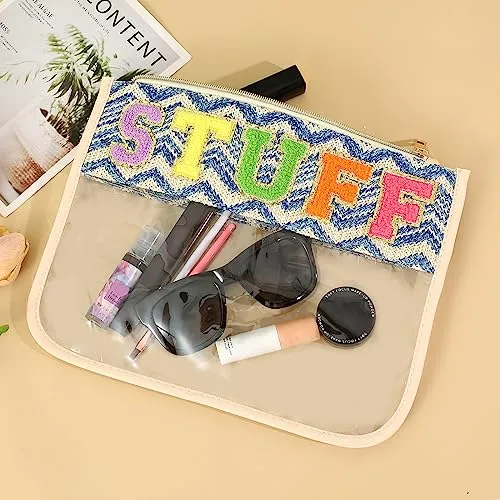 BCRMPT Chenille Letter Stuff Bag Boho Patch Travel Cosmetic Pouch,Preppy Makeup Things Bag Clear Cosmetic Toiletry Bags,Clear Makeup Letter Bag Waterproof Zipper Nylon Pouch for Women