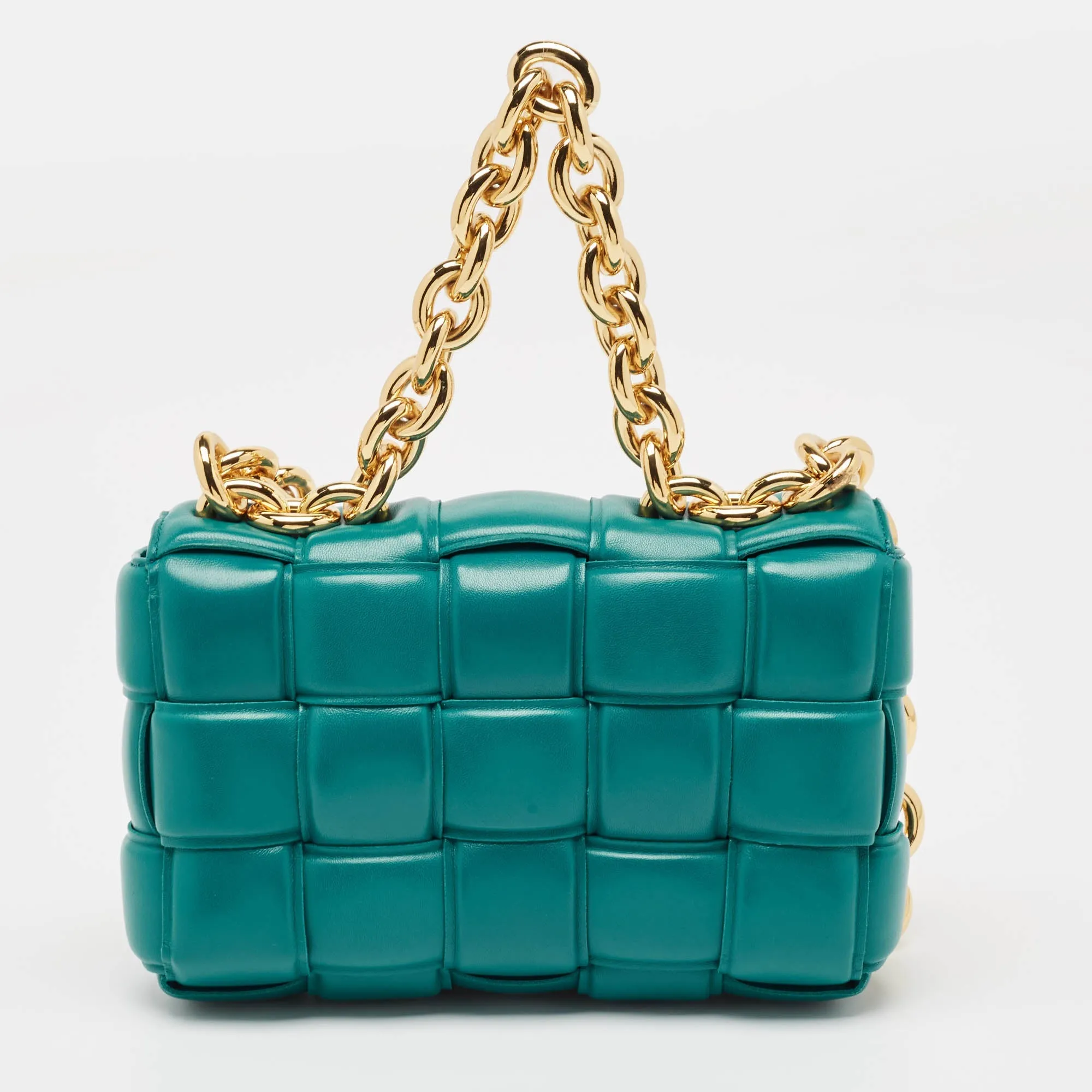 Bottega Veneta Teal Green Leather Padded Chain Cassette Top Handle Bag