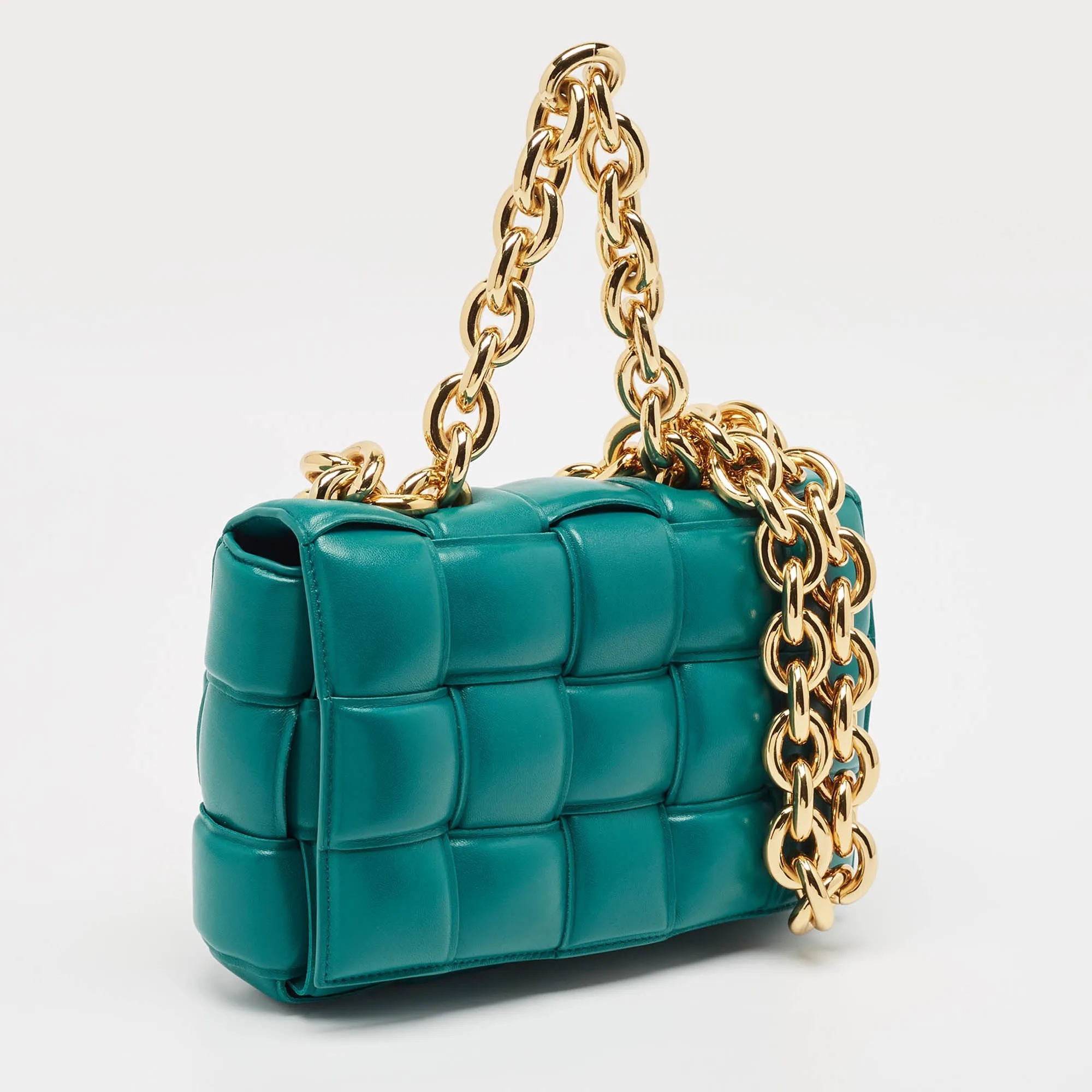 Bottega Veneta Teal Green Leather Padded Chain Cassette Top Handle Bag