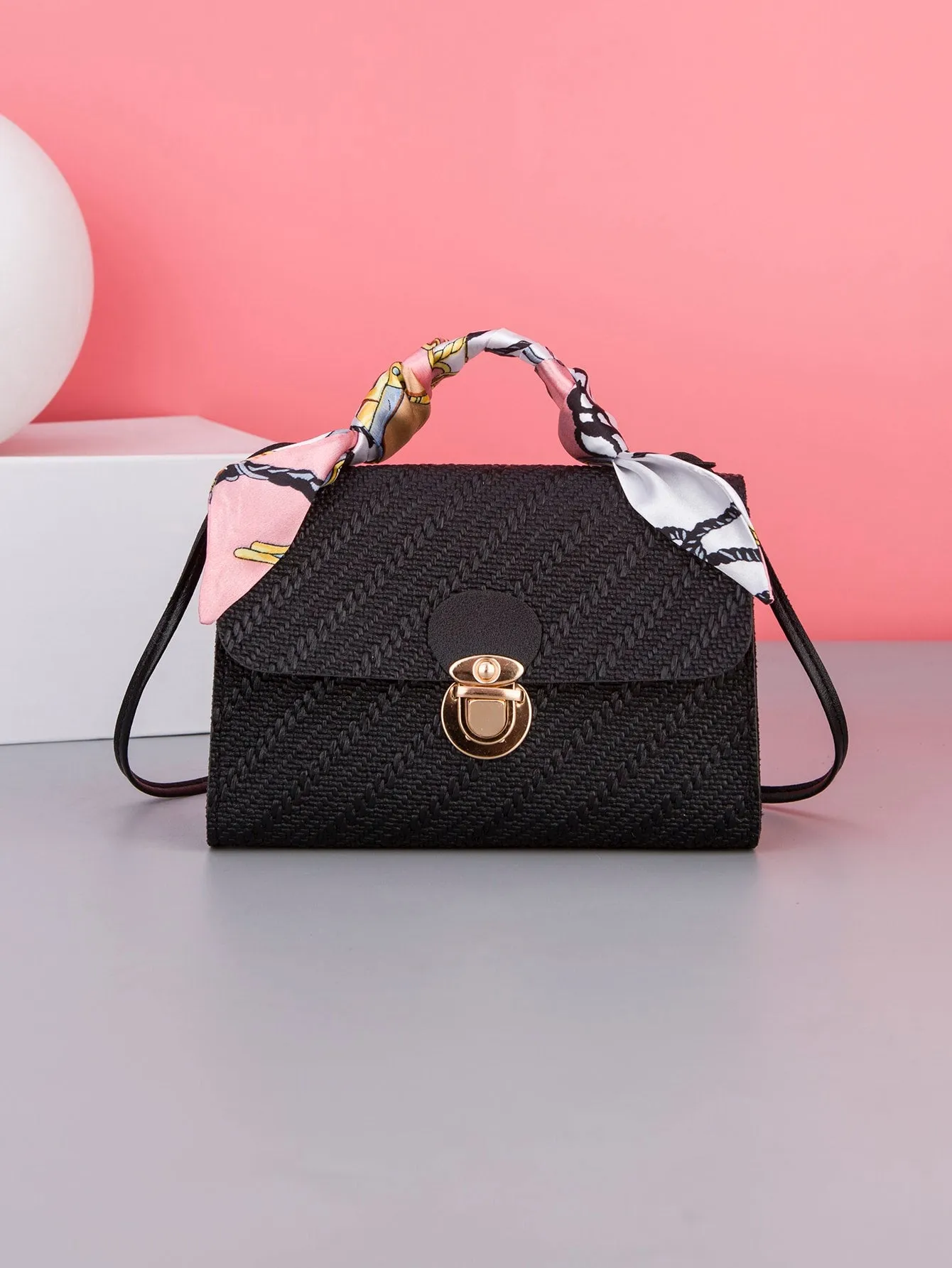 Bow Decor Fashionable Woven Pattern Women's Handbag With Skinny Scarf Decoration Portable Black Purse Holiday For Women Trendy