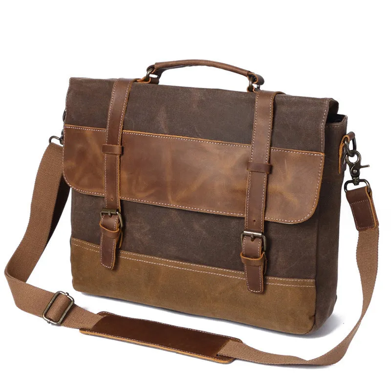 Handmade Waxed Canvas Handbag Waterproof Briefcase Messenger Bag Men Leather Shoulder Bag School Laptop Bag