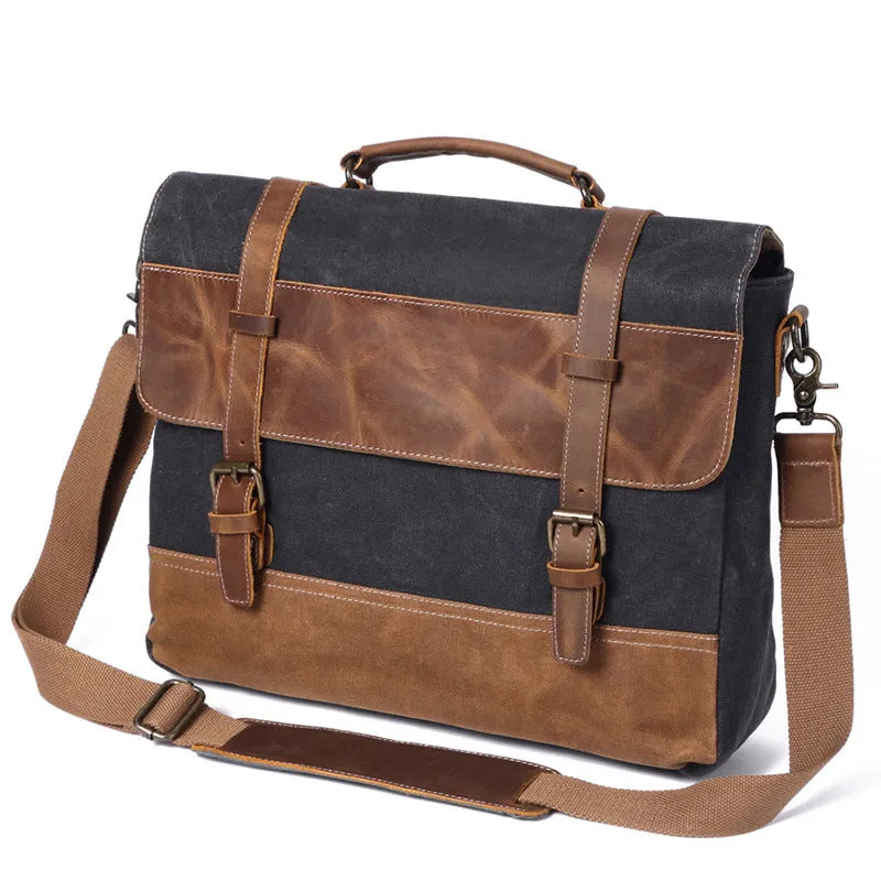 Handmade Waxed Canvas Handbag Waterproof Briefcase Messenger Bag Men Leather Shoulder Bag School Laptop Bag