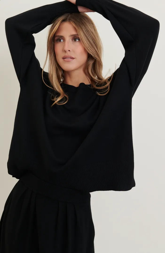 Heavy Knit Long Rib Neck Sweater Black