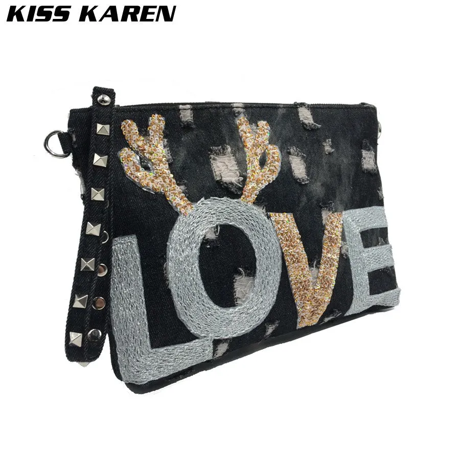 KISS KAREN Fashion Appliques Wristlets Rivet Denim Bag Women's Shoulder Bags Women Messenger Bags Jeans Bag Womens Purse