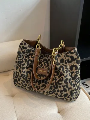 Leopard Print Canvas Tote Bag, Vintage Shoulder Bag, Fashionable Handbag Suitable For School, Work, And Shopping, Trendy Leopard Print Bag