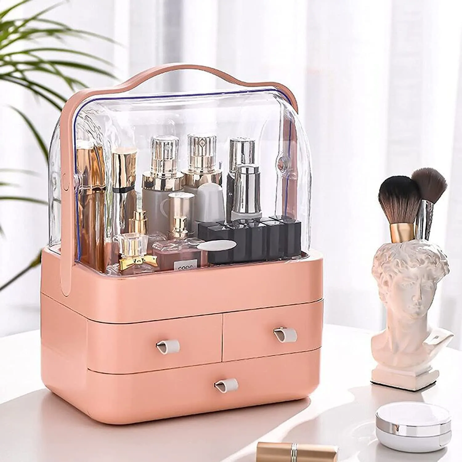 Modern Cosmetic Organizer Makeup Storage Holder, Display Make up Caddy Shelf Organization Boxes Case Dustproof, Handle and Drawer on Countertop