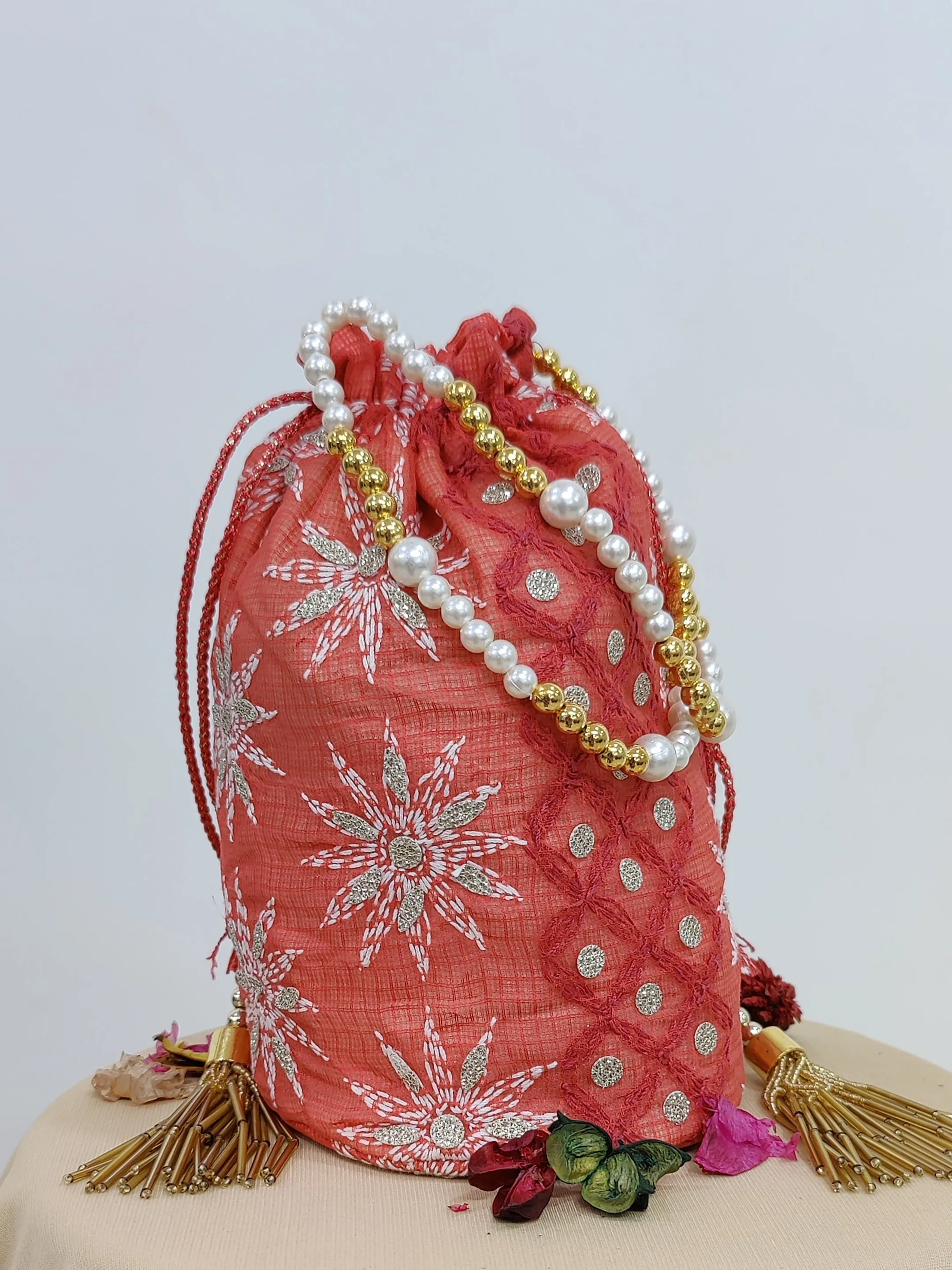 Peach Kota Chikankari Potli Bag with Tassels