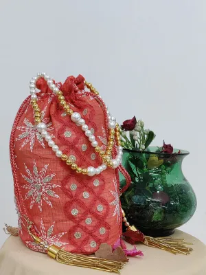 Peach Kota Chikankari Potli Bag with Tassels