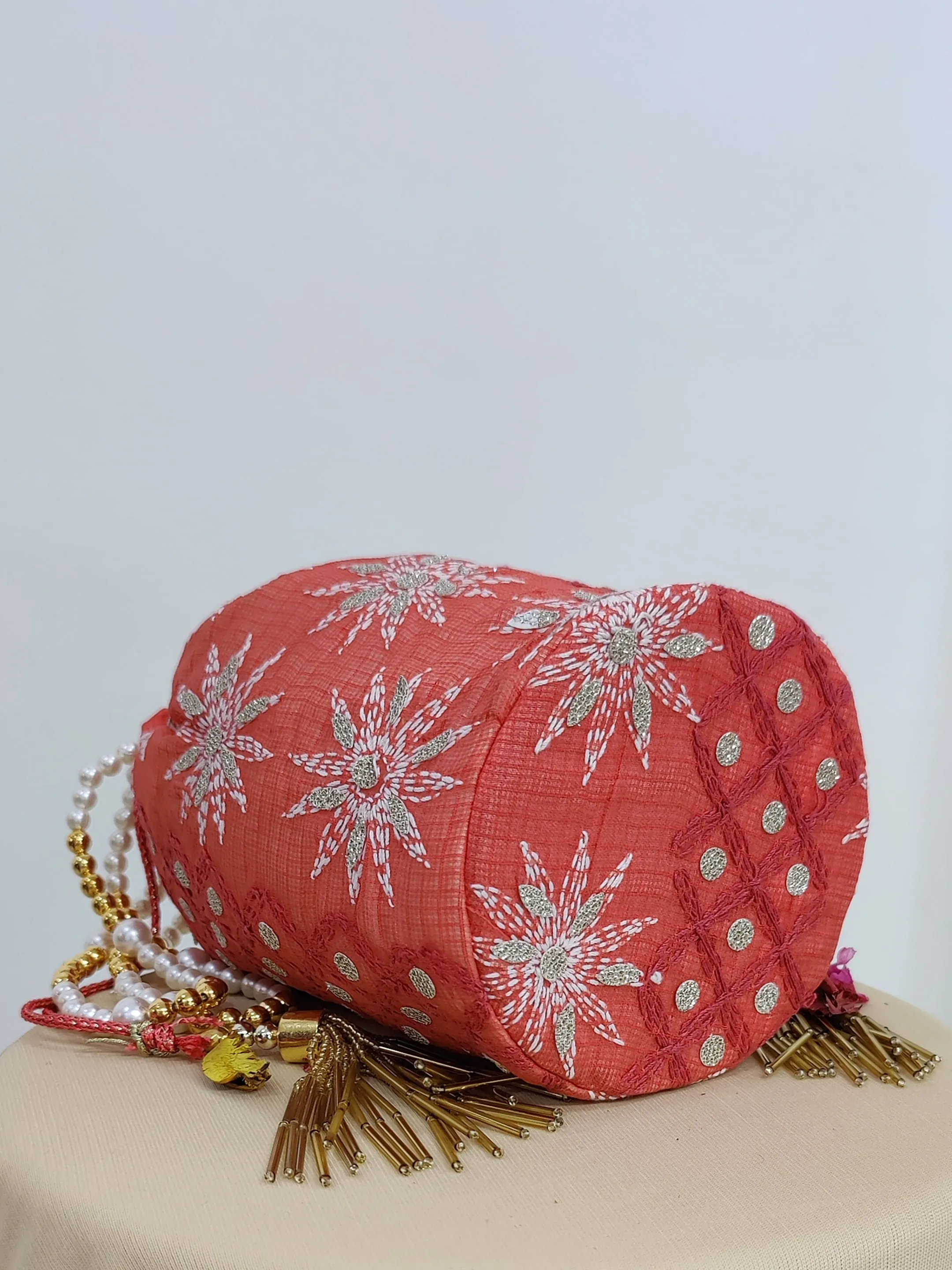 Peach Kota Chikankari Potli Bag with Tassels