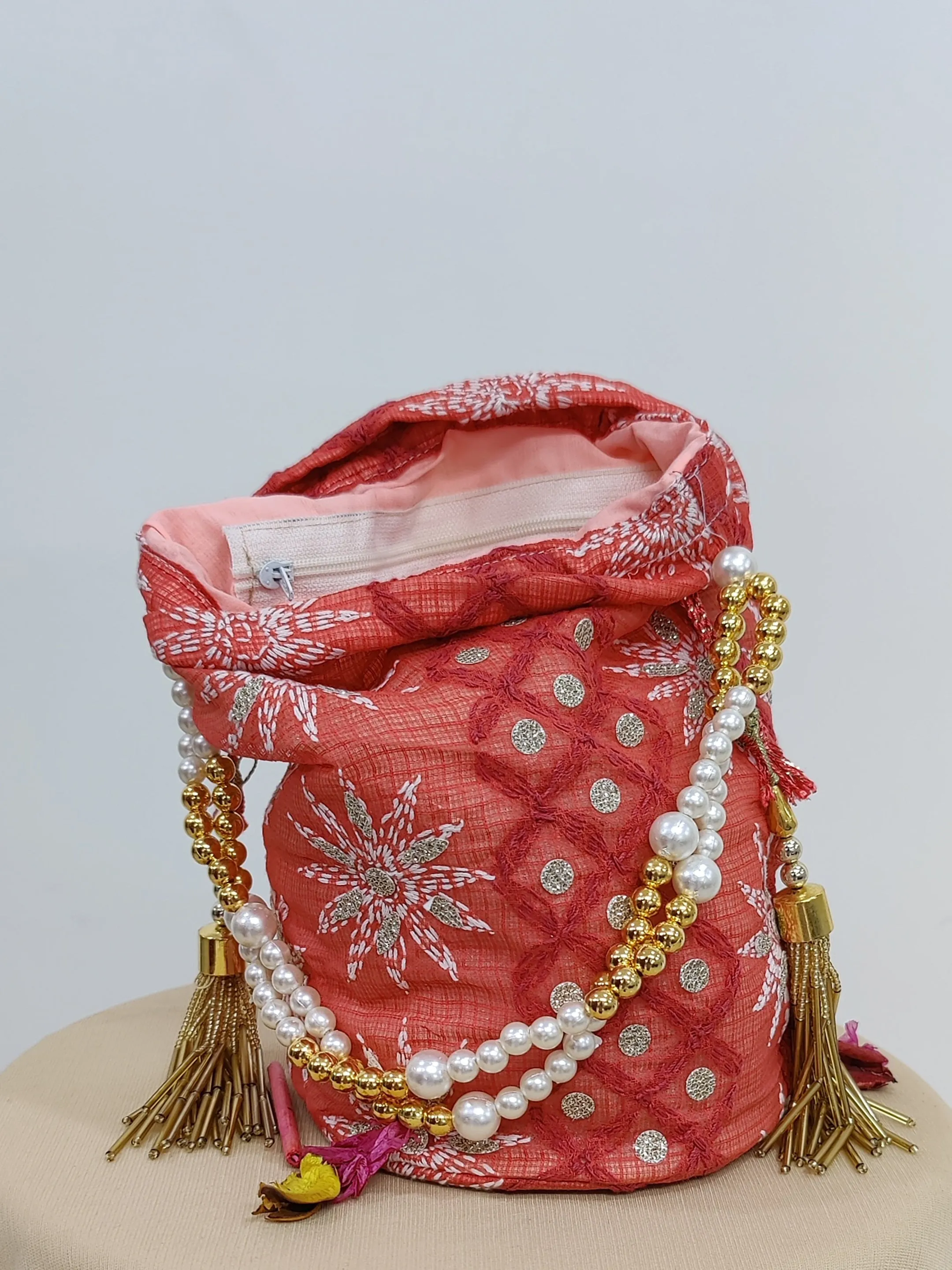 Peach Kota Chikankari Potli Bag with Tassels