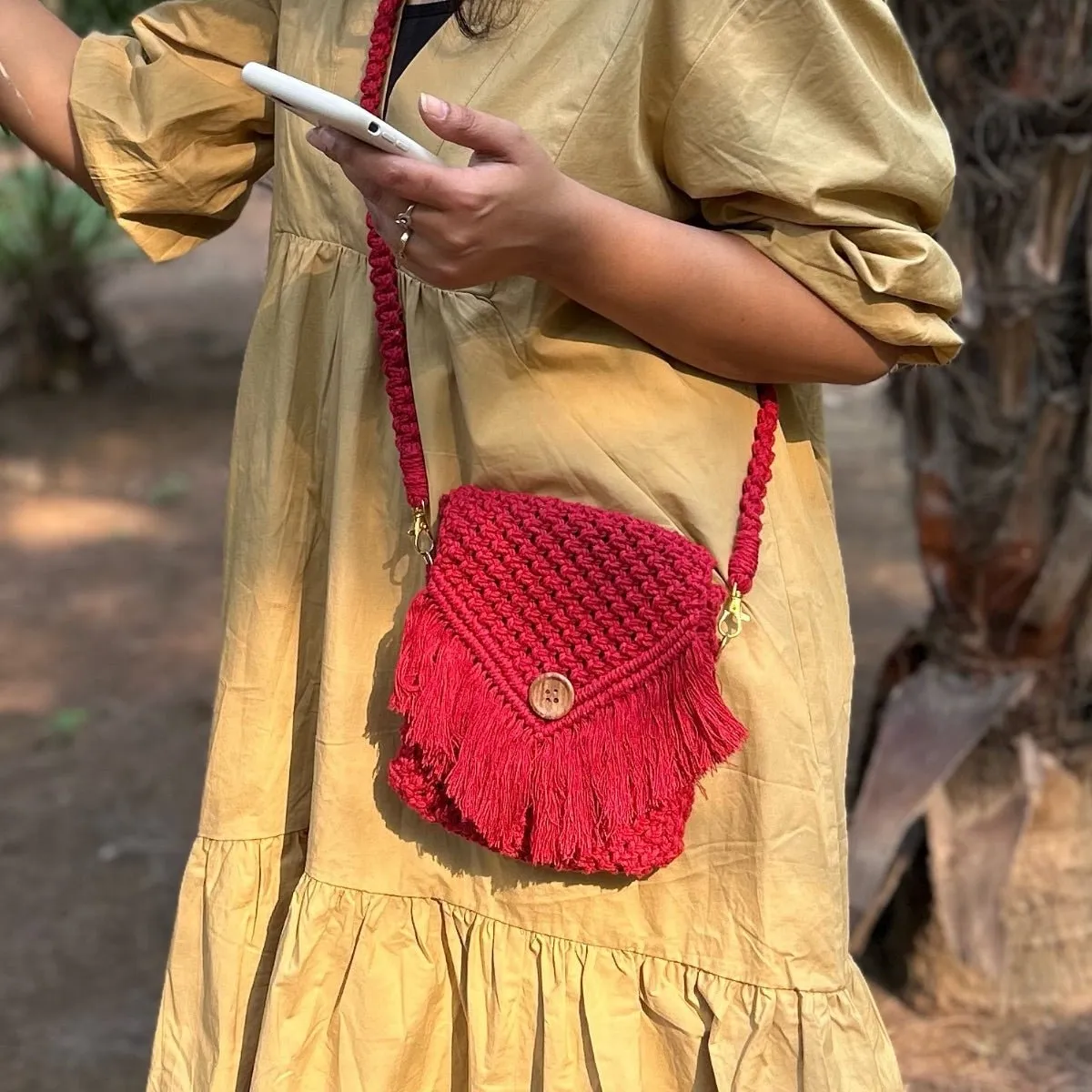 Red Macrame Mobile Sling Bag