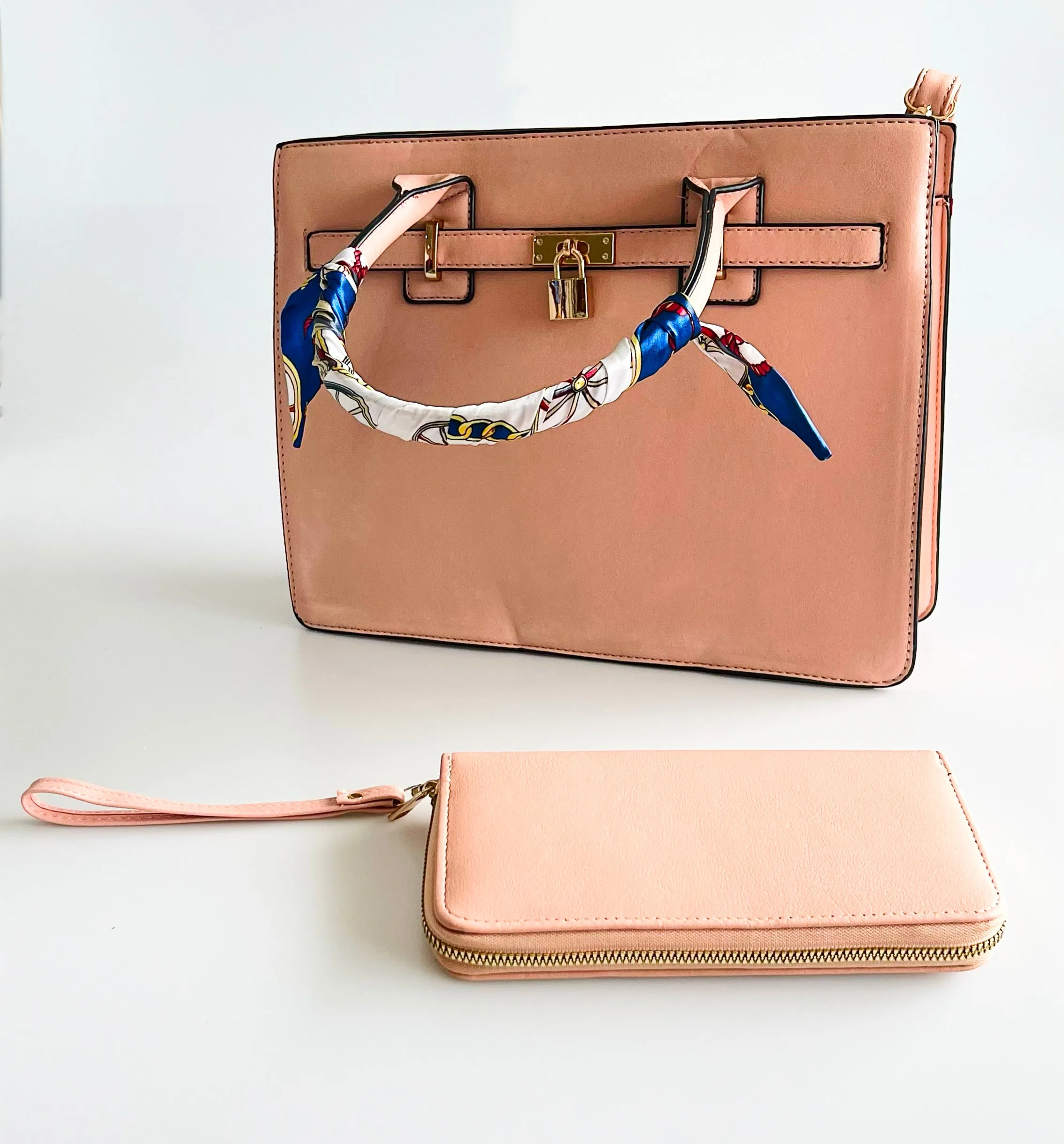 Scarf Handle Satchel Bag and Wallet Set - Blush