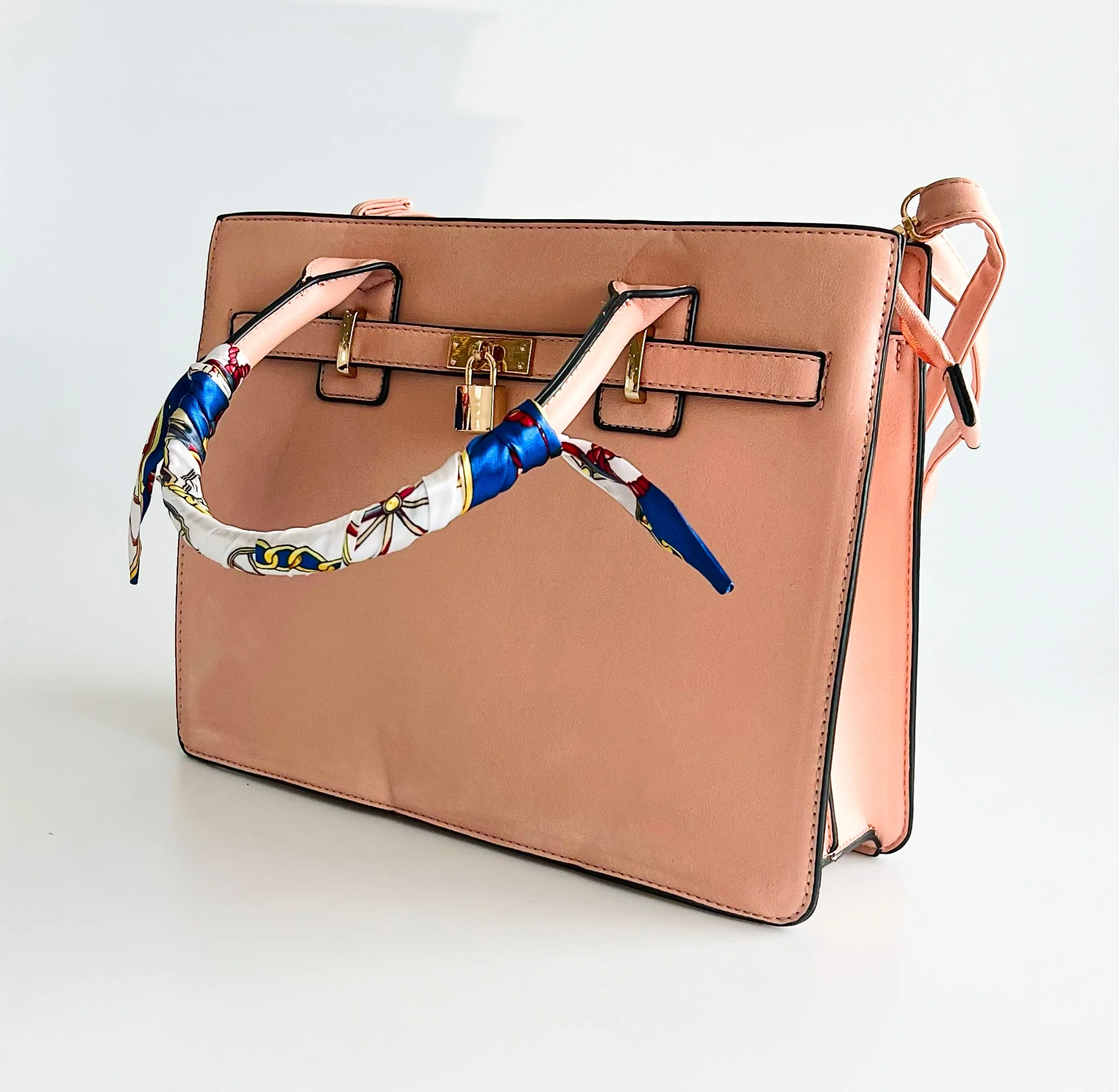 Scarf Handle Satchel Bag and Wallet Set - Blush