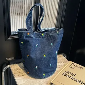 Sohiwoo Sewing Thread Hasp Solid Denim Elegant Handbags for Women 2024 Versatile Basic Style Embroidery Concise Casual Shoulder Bags