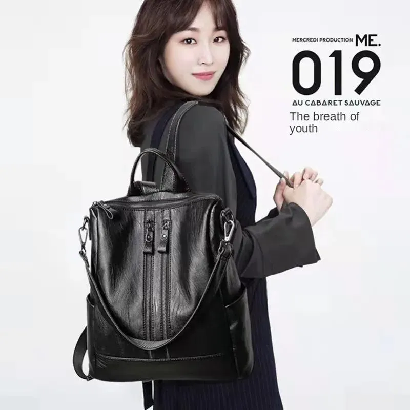 Sohiwoo Soft Leather Backpack For Women New Korean Version Large Capacity College Style Backpack Mommy Bag Fashion Versatile Women's Bag