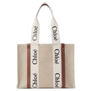 Woody Tote Medium Linen, White/Brown