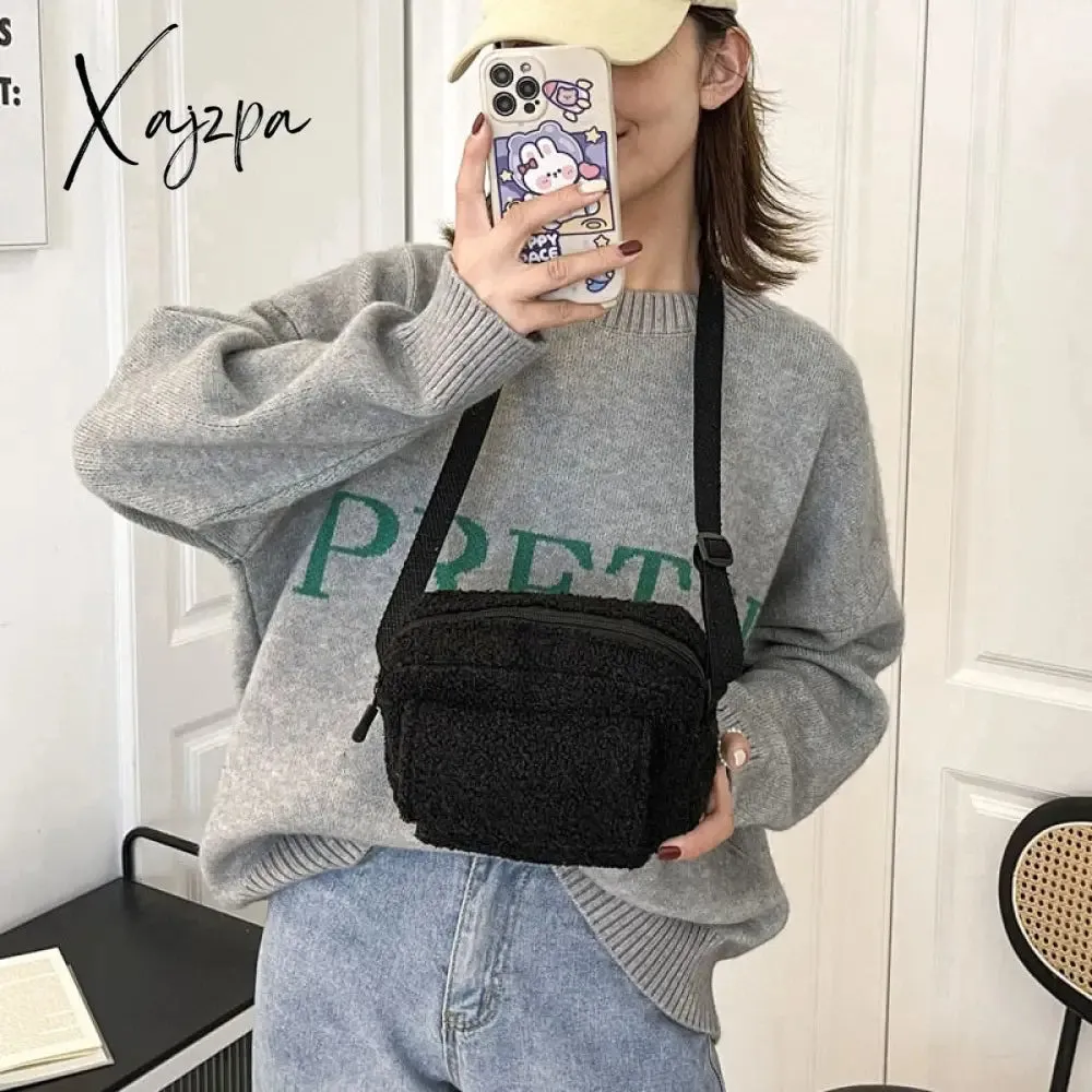 Xajzpa - New Plush Fabric Women's Shoulder Crossbody Bag Small Fashion LamWool Fluffy Fur Winter Female Bag Designer Handbags