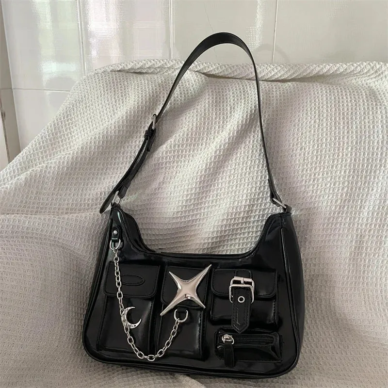 Y2K Harajuku Fashion Gothic Black Chains Casual Motorcycle Shoulder Bag