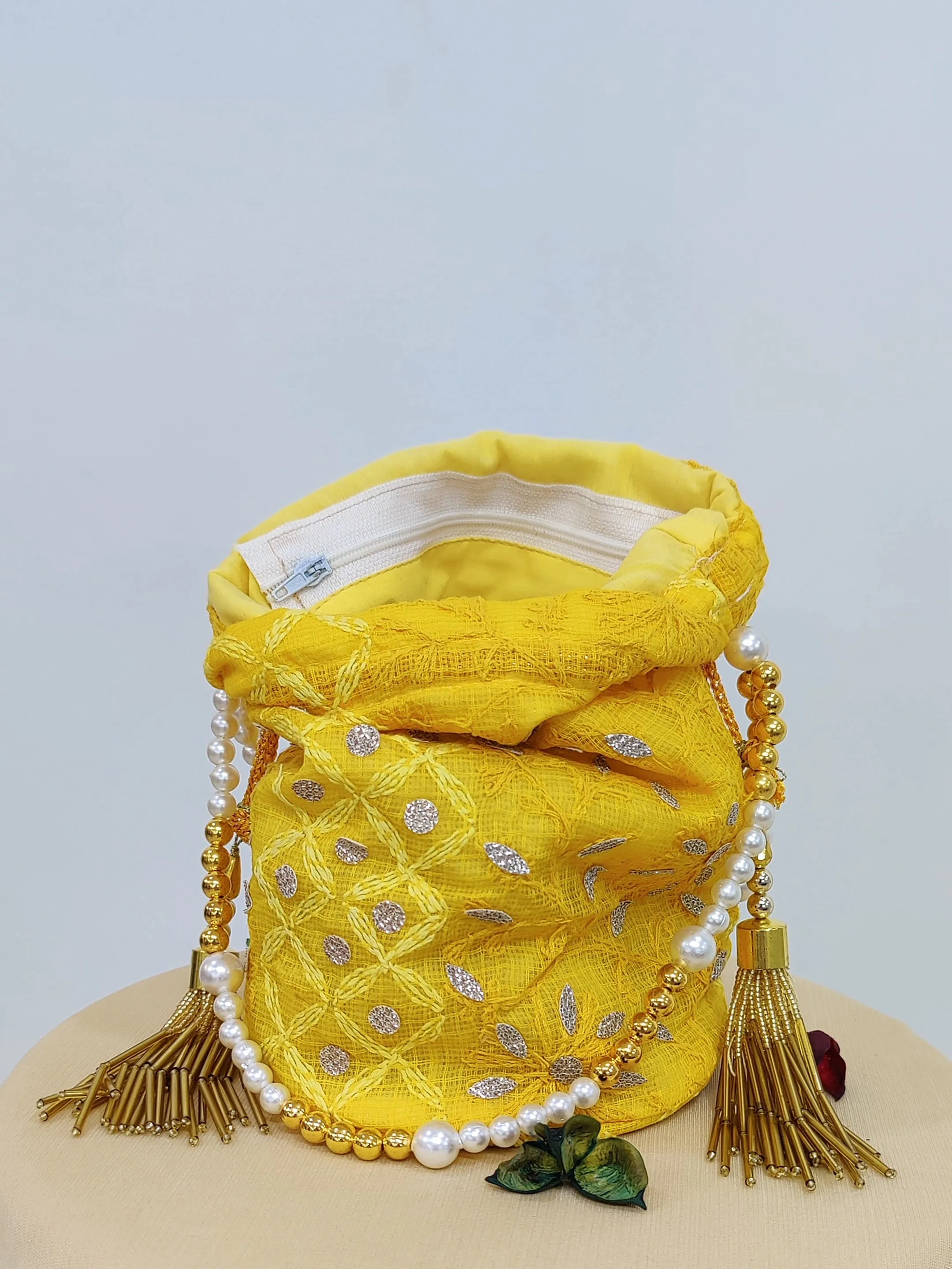 Yellow Kota Chikankari Potli Bag with Tassels