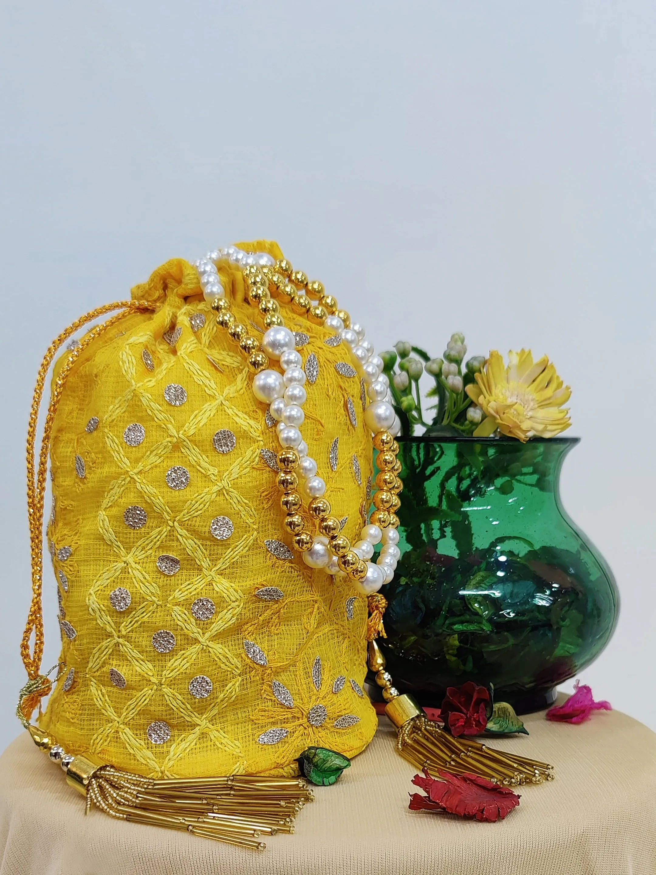 Yellow Kota Chikankari Potli Bag with Tassels